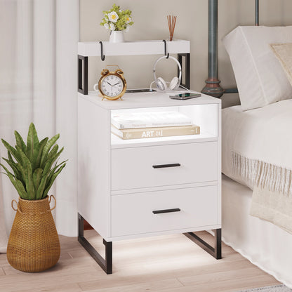 JDPAG  Auto LED Nightstand with Wireless Charging Station & USB Ports,High Gloss Bedside Tables with 2 Drawers