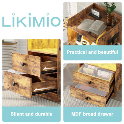 LIKIMIO Nightstand with LED, Charging Station & USB Ports, Night Table with 2 Drawers and Open Shelf, Adjustable Light, Vintage