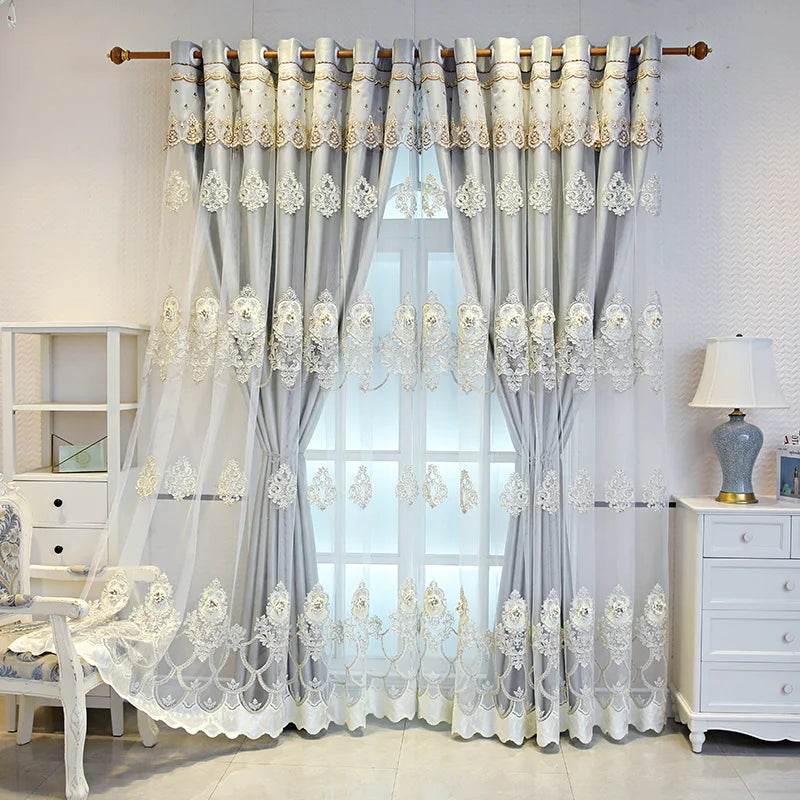 Elegant Double-Layer Curtains with Embossed Base & 3D Embroidered Detailing - Loft&Timber