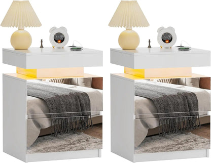 LED Nightstand Set of 2 - Bedside Table with Charging Station and 2 Mirrored Drawers Sliding Top with Magnetic Lock - Modern