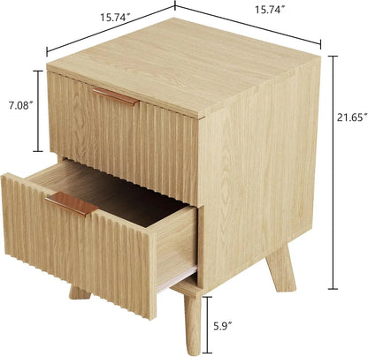 Fluted Nightstands, Mid Century Modern Drawer Dresser for Bedroom, Small Night Stand Side Table End Table with Wood D