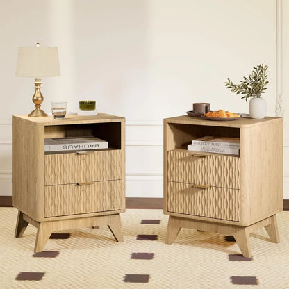 18" Fluted Nightstand - Modern Bedside Table with Charging Station & Storage Drawers