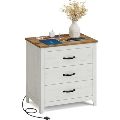 Charging Station Farmhouse Nightstand - 3 Drawer Bedside Table for Bedroom