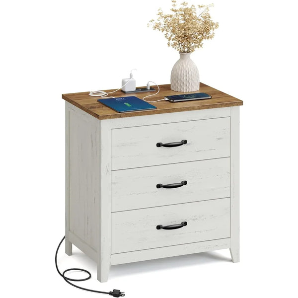 Charging Station Farmhouse Nightstand - 3 Drawer Bedside Table for Bedroom