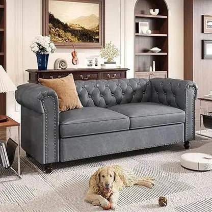 72 Inch Black Sofa, Chesterfield Faux Leather Couch with Wooden Legs - Loft&Timber