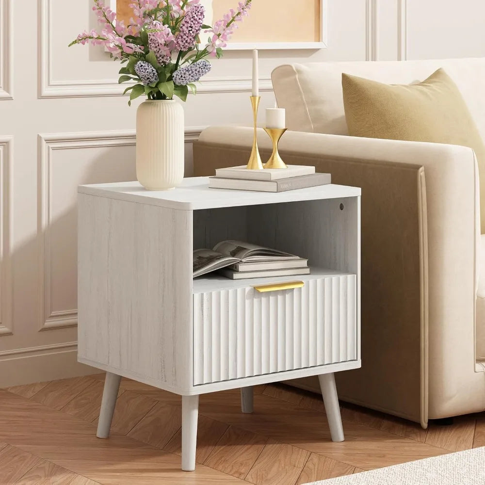 Fluted Nightstand with Drawers, 16'' Wide Wood End Table for Bedroom, Small Space Bedside Table, Modern Night Stand for Living