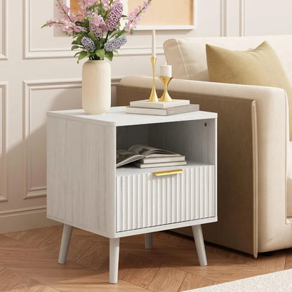 Fluted Nightstand with Drawers, 16'' Wide Wood End Table for Bedroom, Small Space Bedside Table, Modern Night Stand for Living