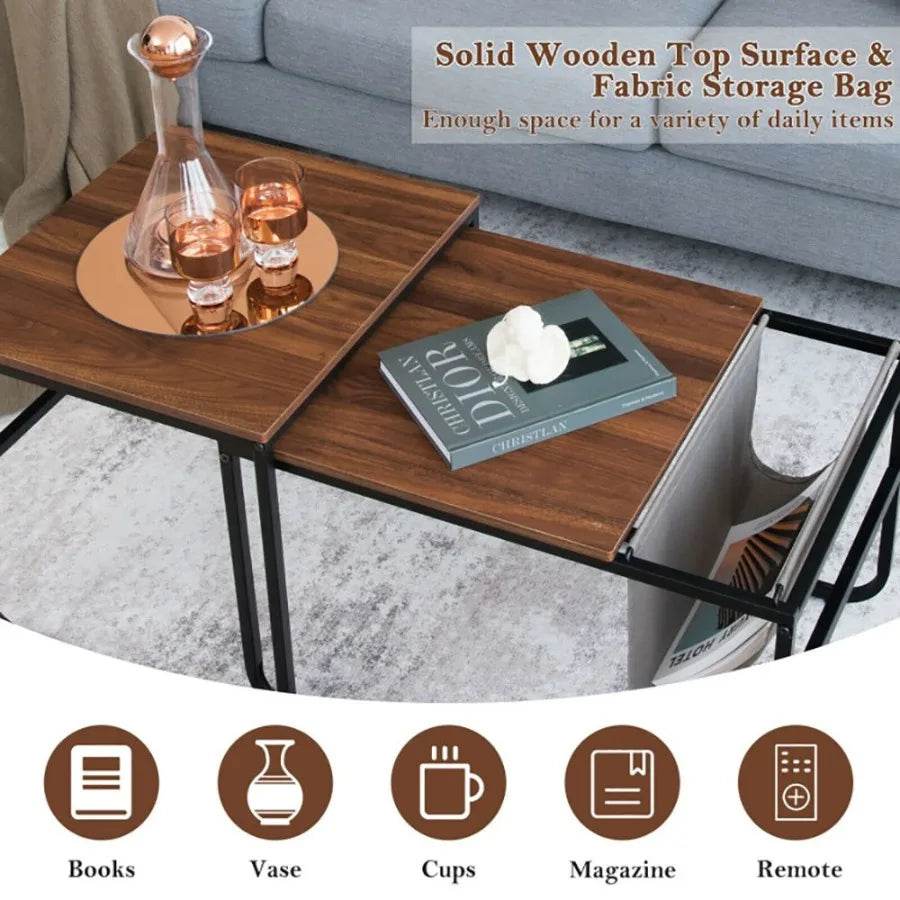 Set of 2 Nesting Coffee Tables with Side Pocket for Living Room Bedroom - Loft&Timber
