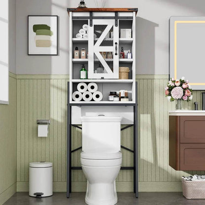 rustic farmhouse-style toilet storage cabinet with adjustable shelves and barn door - Loft&Timber