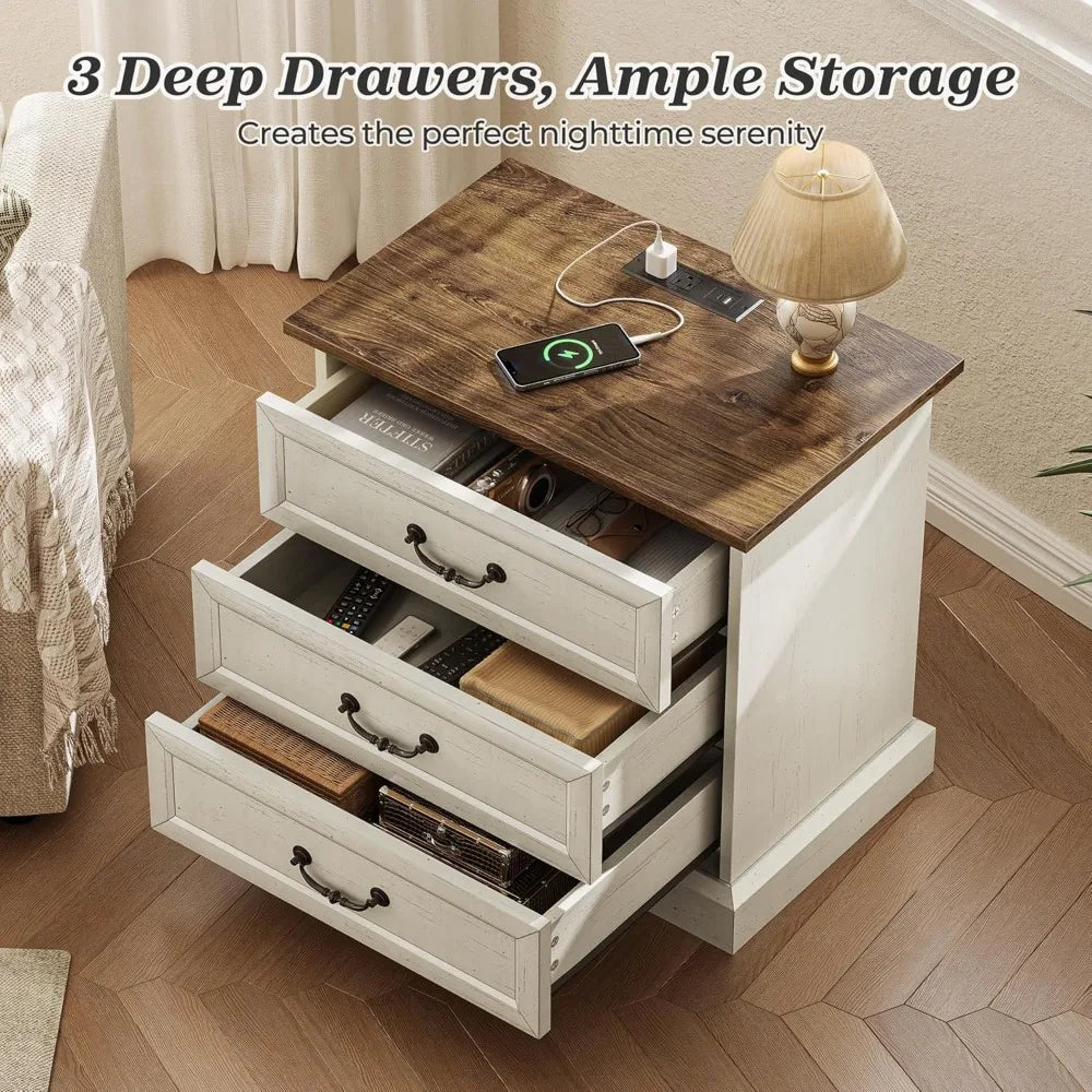 Nightstand with Charging Station, 3 Drawer Night Stand Set of 2, 22 Inch Wider Side Table with Storage, Farmhouse Nightstand wi