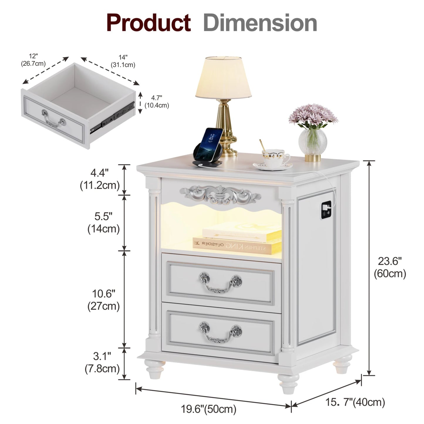 JDPAG Farmhouse Nightstand with Gun Drawer, 20" Vintage Bedside Table with LED Lights & Charging Station