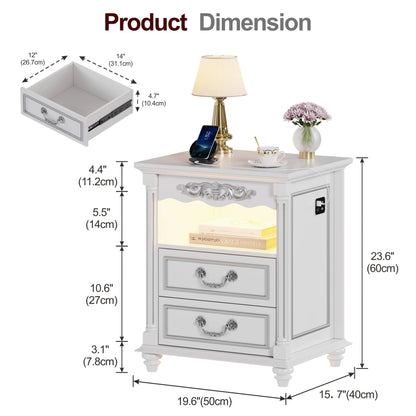 JDPAG Farmhouse Nightstand with Gun Drawer, 20" Vintage Bedside Table with LED Lights & Charging Station