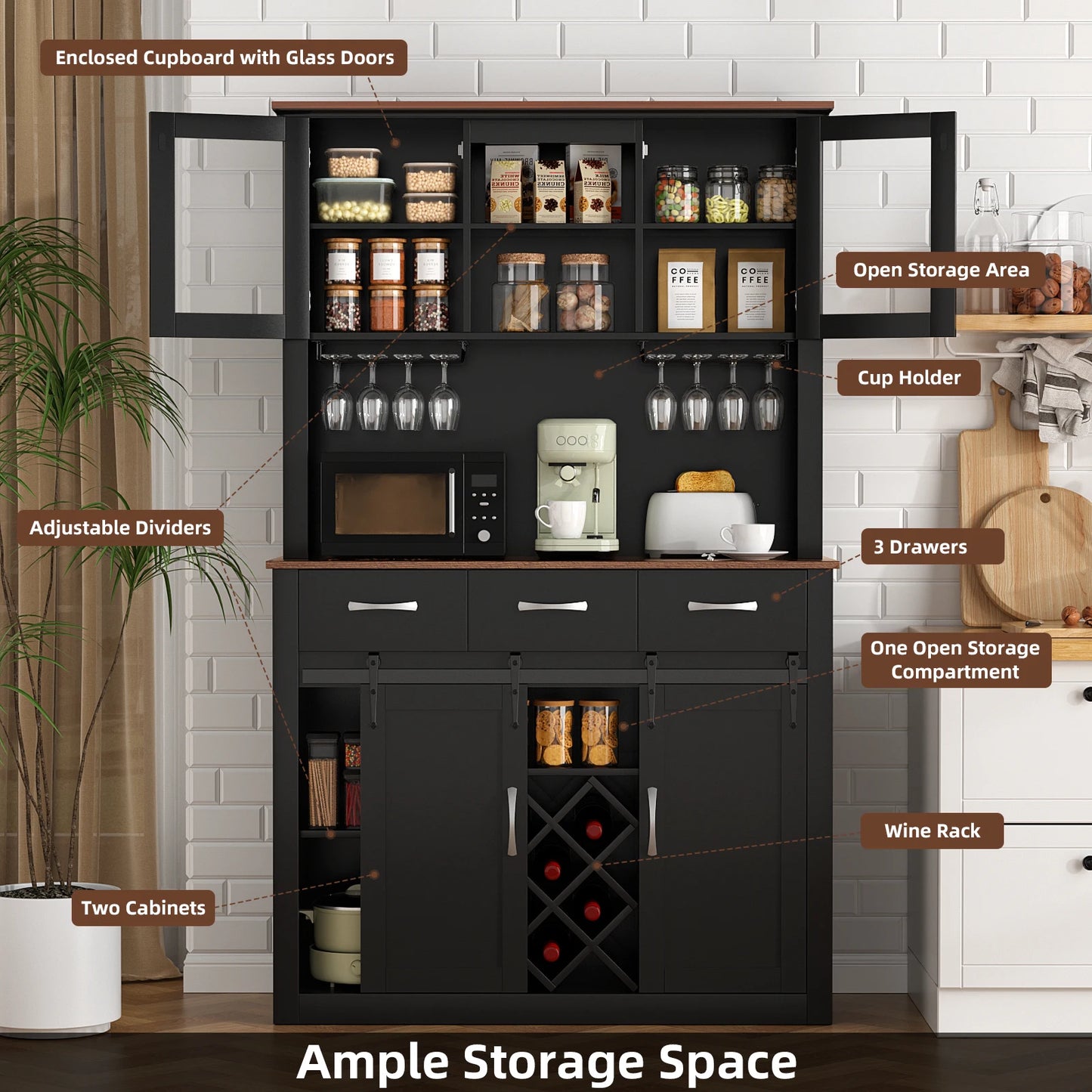 VOWNER 72" Tall Farmhouse Bar Cabinet with Sliding Barn Doors, Kitchen Pantry Storage Cabinet with Wine & Glass Racks - Loft&Timber