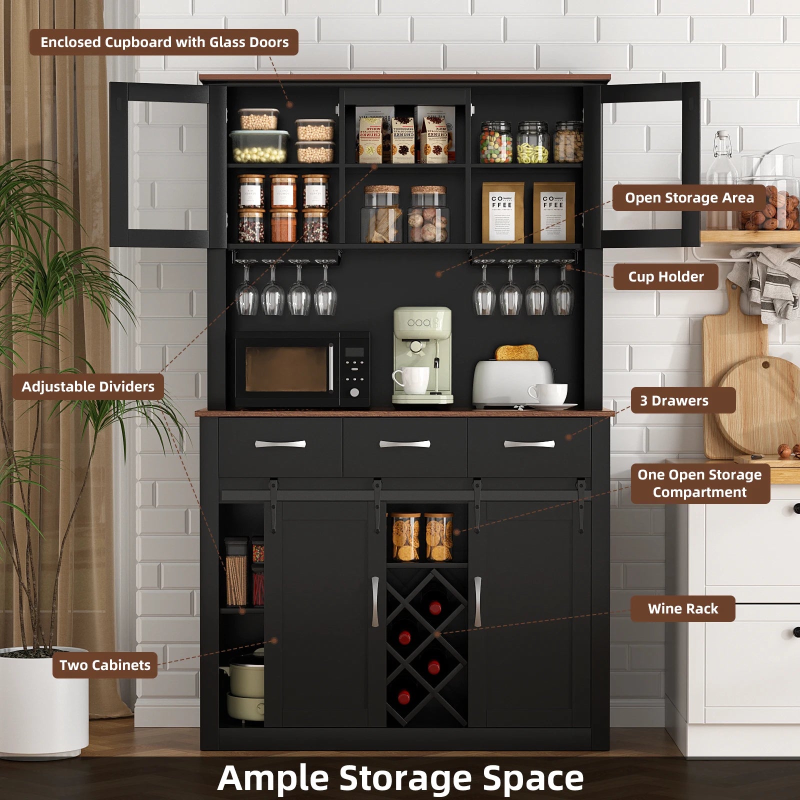 VOWNER 72" Tall Farmhouse Bar Cabinet with Sliding Barn Doors, Kitchen Pantry Storage Cabinet with Wine & Glass Racks - Loft&Timber