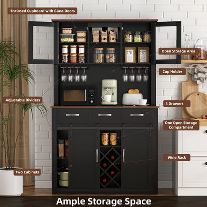 VOWNER 72" Tall Farmhouse Bar Cabinet with Sliding Barn Doors, Kitchen Pantry Storage Cabinet with Wine & Glass Racks - Loft&Timber