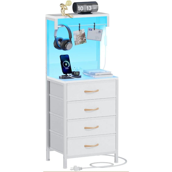 Furnulem Nightstand, White Tall Night Stand with Charging Station and LED Lights, Bedside Table for Bedroom, Office, Hallway, 4