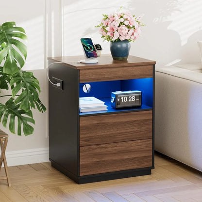 "modern lockable nightstand with hidden compartment, usb/type-c charging port, and led lighting"