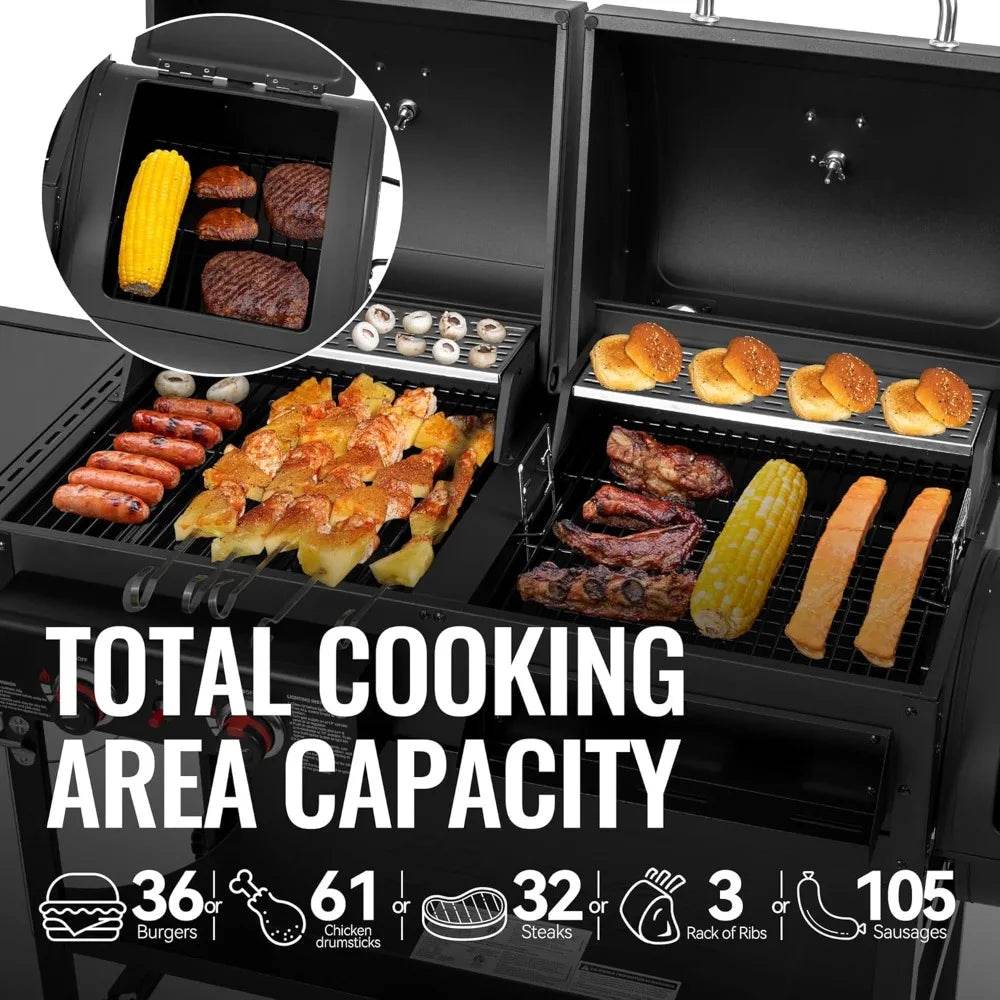 2-Burner Gas and Charcoal Combo Grill with Offset Smoker & Side Burner, 34,000 BTU Dual Fuel Grill, 1020 Sq. In. Cooking Area, I - Loft&Timber