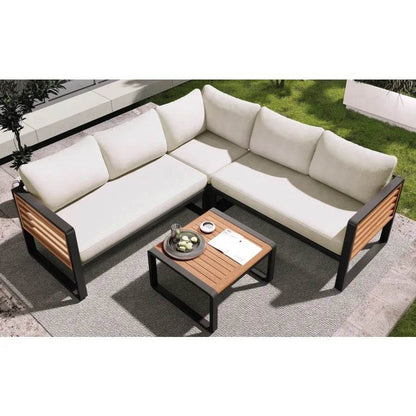 GO 4 Pieces Outdoor Patio Set Metal and Wood Frame Sectional with Soft Cushions & Coffee Table - Loft&Timber