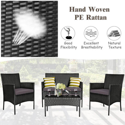 4PCS Patio Rattan Furniture Set Cushioned Sofa Coffee Table Backyard Grey - Loft&Timber