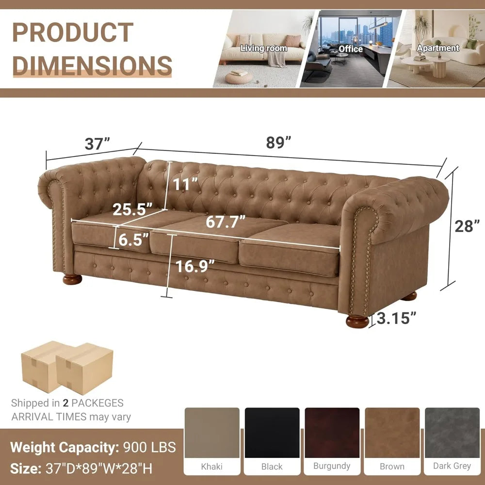 Chesterfield Leather Sofa, 89" Mid Century Modern Couch with Low Back - Loft&Timber