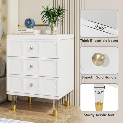 Tribesigns 3-Drawer Nightstand Tall White and Gold Bedside Table with Drawers, Versatile Modern White Night Stand with Storage