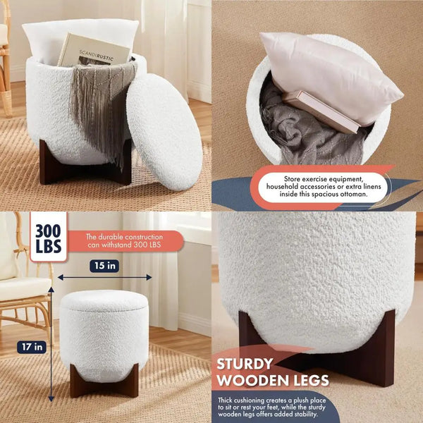 Round Storage Ottoman with Boucle White Teddy Design for Living Room