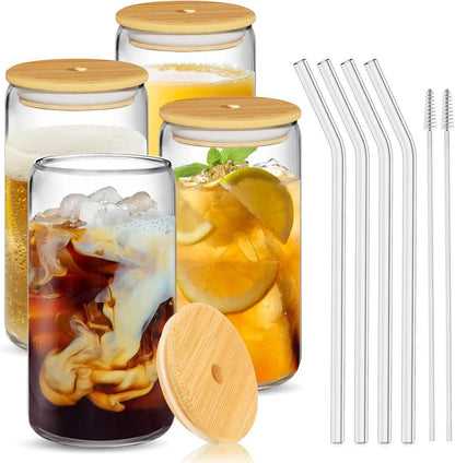 4Pcs Glass Cups with Bamboo Lids and Glass Straws Set-16oz - Loft&Timber