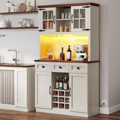 Coffee Bar Cabinet with Power Outlet/Lights, 72" Pantry wers, Tall Liquor Cabin - Loft&Timber