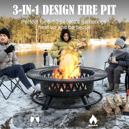 42 Inch Fire Pit with 2 Grills, Large Outdoor Firepits for Outside, Wood Burning Fireplace, 3-in-1 Ro - Loft&Timber