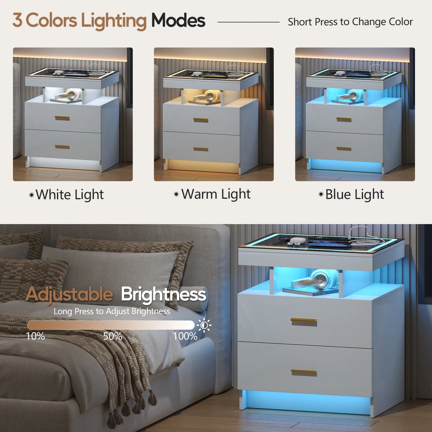 JDPAG LED Nightstand with Wireless Charging Station,Black Night Stand with 2 Drawers,Glass Top Smart Bedside Table