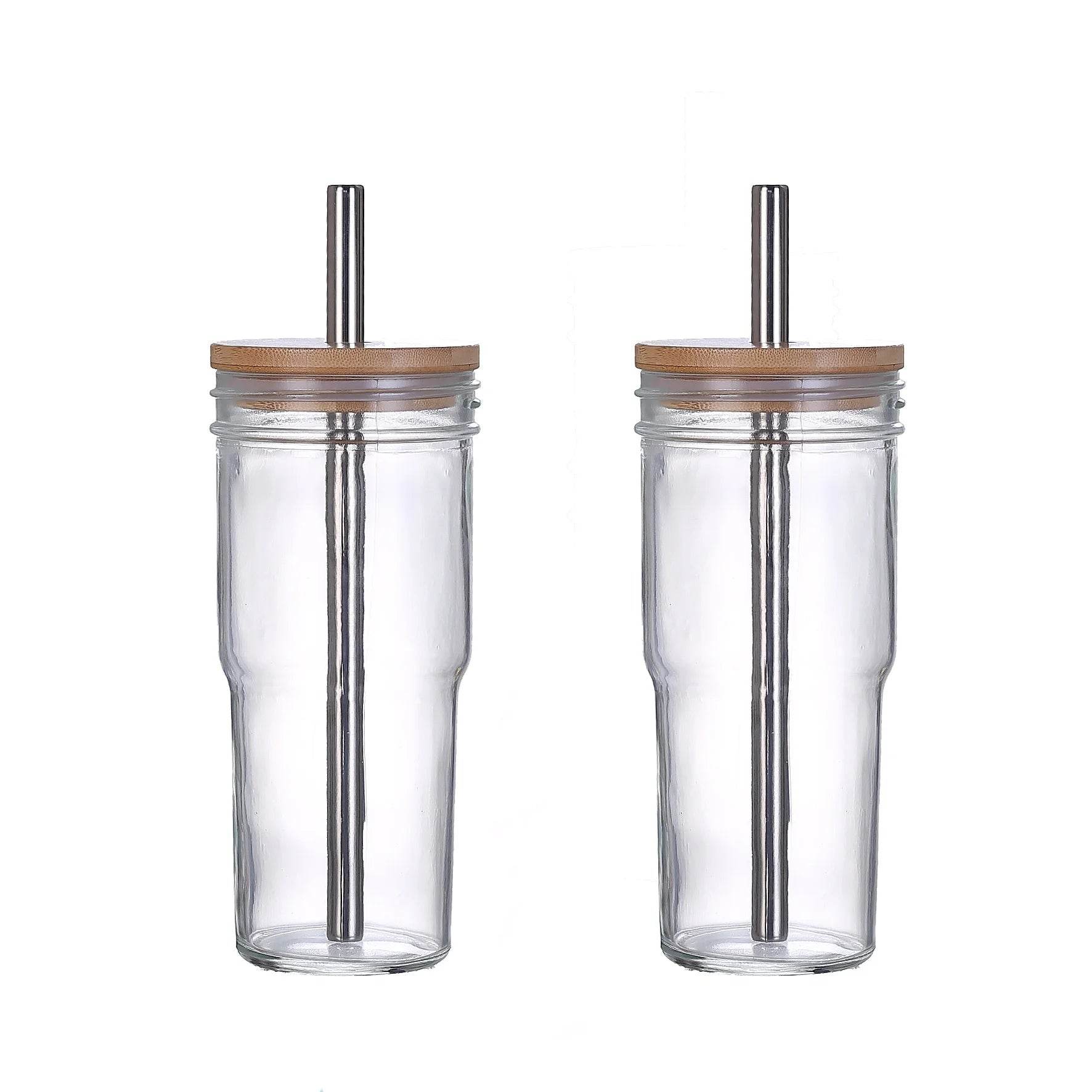 2pcs 24oz Reusable Iced Coffee Cups, Wide Mouth Glass with Bamboo Lid and Straw, Mason Jar - Loft&Timber