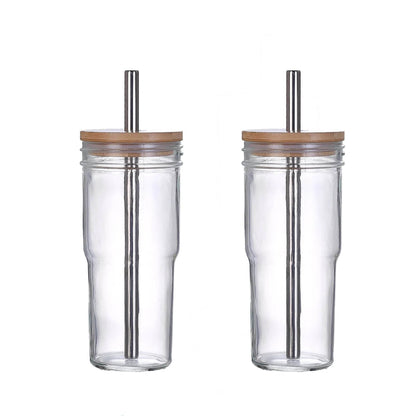2pcs 24oz Reusable Iced Coffee Cups, Wide Mouth Glass with Bamboo Lid and Straw, Mason Jar - Loft&Timber