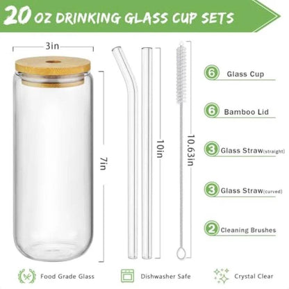20 Oz Drinking Glasses with Bamboo Lids and Glass Straw 6 Pcs Set - Loft&Timber
