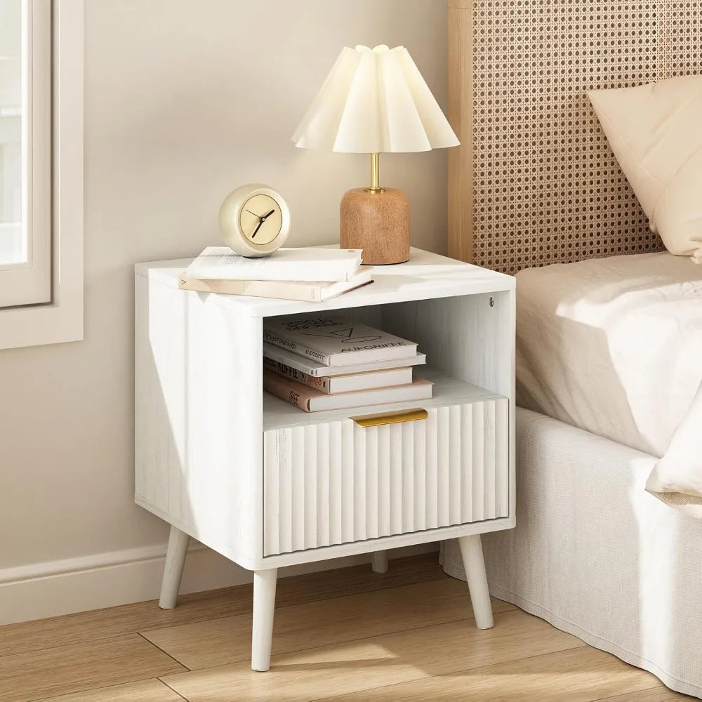 Fluted Nightstand with Drawers, 16'' Wide Wood End Table for Bedroom, Small Space Bedside Table, Modern Night Stand for Living