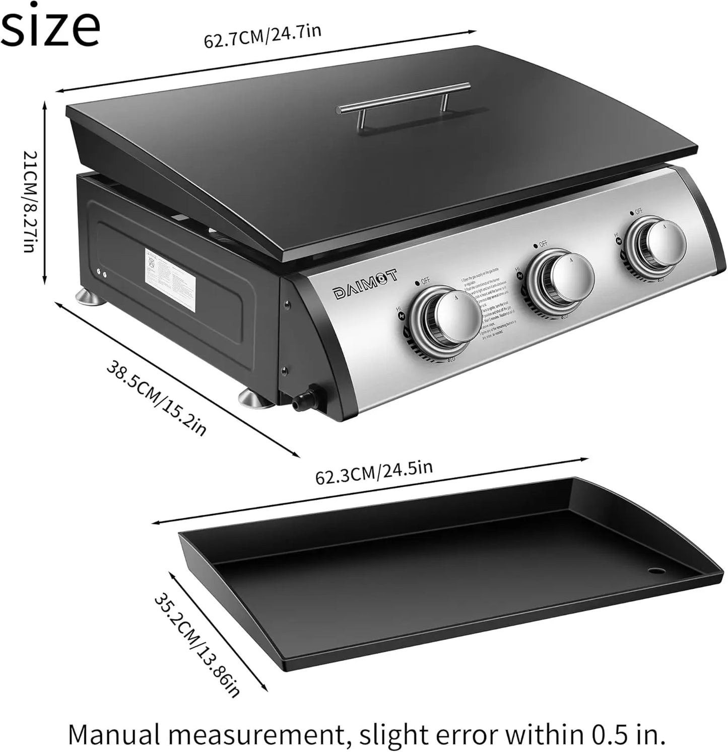24" Gas Griddle Flat Top Grill – 3 Burner, 30,000 BTU Stainless Steel