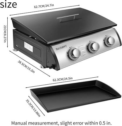 24" Gas Griddle Flat Top Grill – 3 Burner, 30,000 BTU Stainless Steel