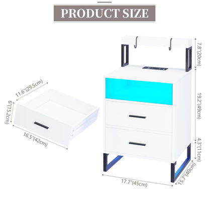 JDPAG  Auto LED Nightstand with Wireless Charging Station & USB Ports,High Gloss Bedside Tables with 2 Drawers