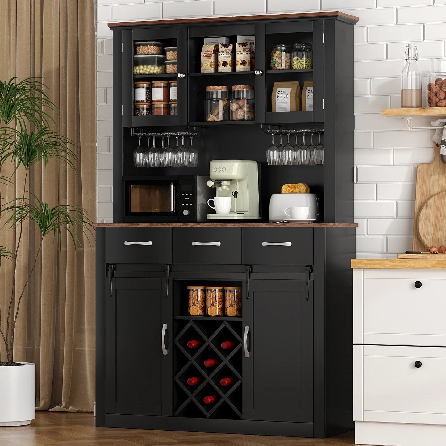 VOWNER 72" Tall Farmhouse Bar Cabinet with Sliding Barn Doors, Kitchen Pantry Storage Cabinet with Wine & Glass Racks - Loft&Timber