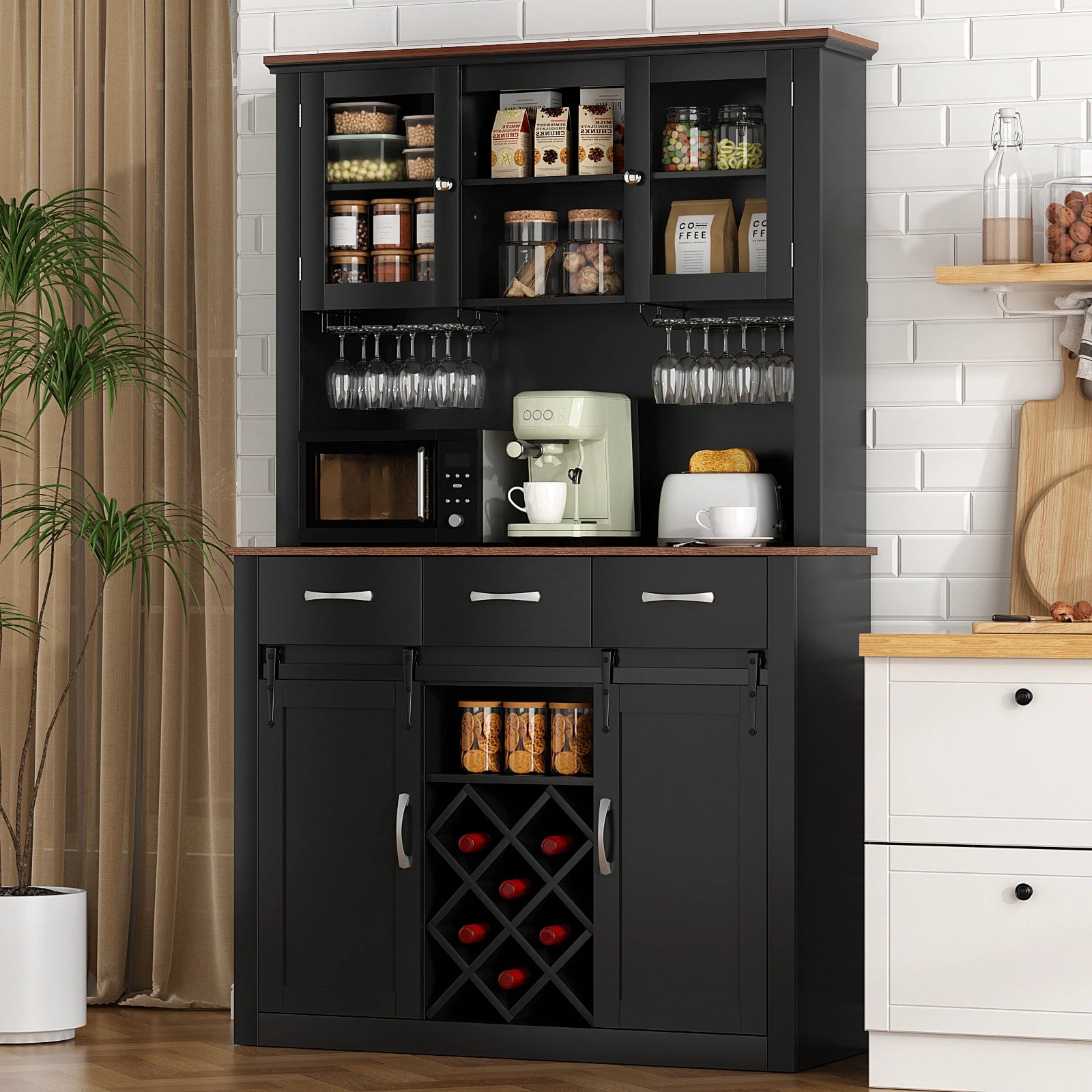 VOWNER 72" Tall Farmhouse Bar Cabinet with Sliding Barn Doors, Kitchen Pantry Storage Cabinet with Wine & Glass Racks - Loft&Timber