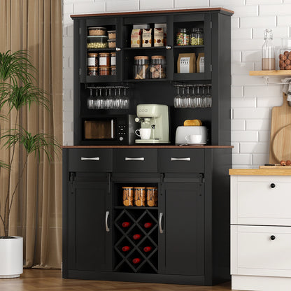 VOWNER 72" Tall Farmhouse Bar Cabinet with Sliding Barn Doors, Kitchen Pantry Storage Cabinet with Wine & Glass Racks - Loft&Timber