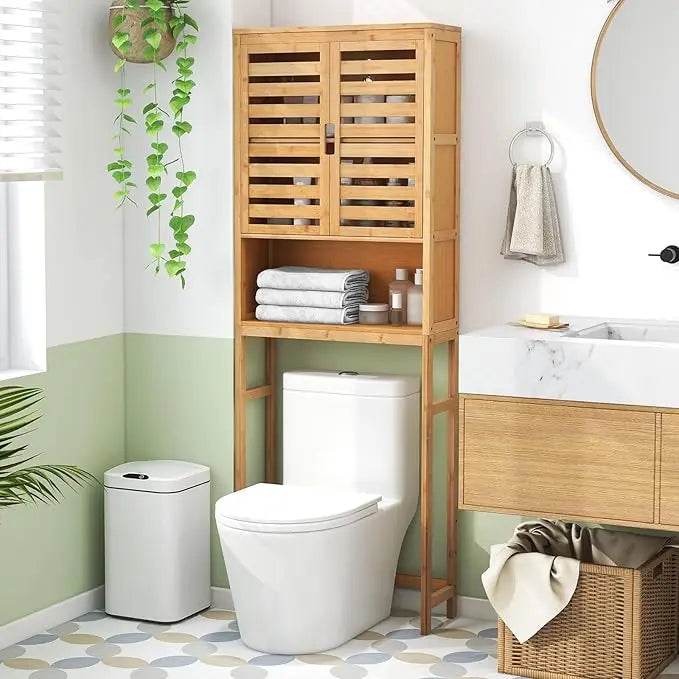 freestanding tall bamboo bathroom shelf with two doors and open storage above toilet - Loft&Timber