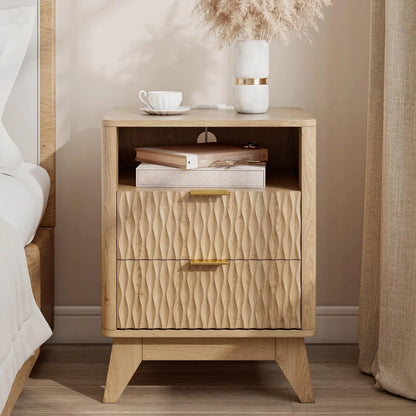 18" Fluted Nightstand - Modern Bedside Table with Charging Station & Storage Drawers