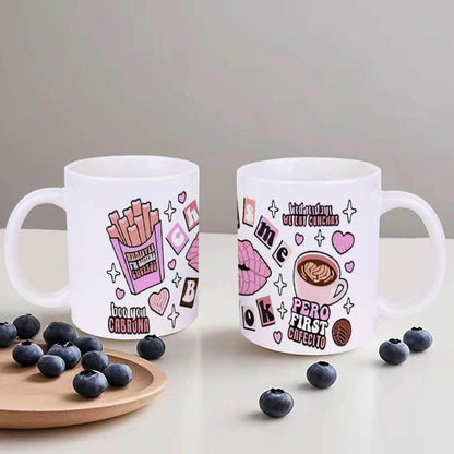 A Sticker With A Cup Of Coffee, French Fries And A Kiss On It Ceramic Mug, 330ml Coffee Cup - Loft&Timber