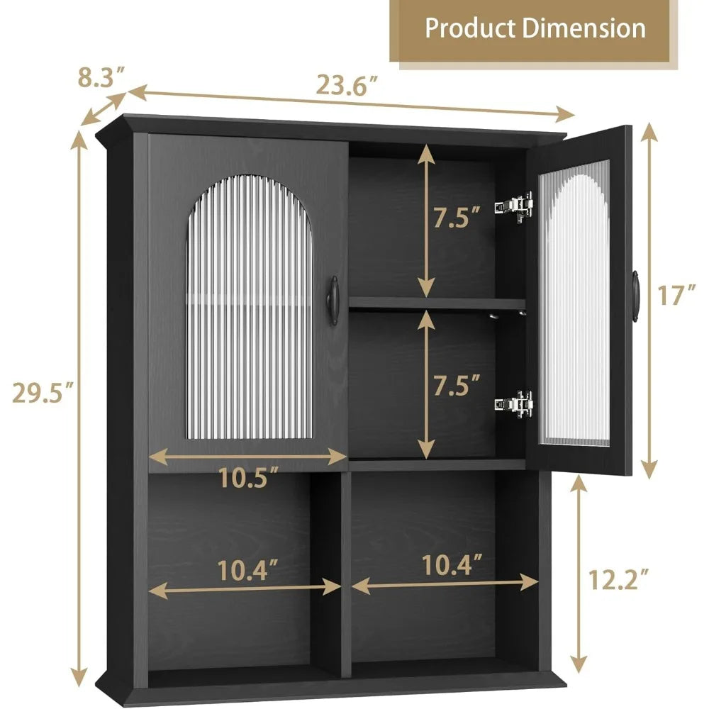black over-the-toilet storage cabinet with fluted door, 23.6" x 29.5" medicine cabinet
