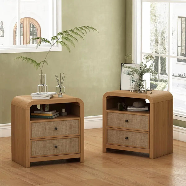 rattan nightstand set of 2, 23.6'' rattan end table with ample storage, boho nightstand with charging station, thick