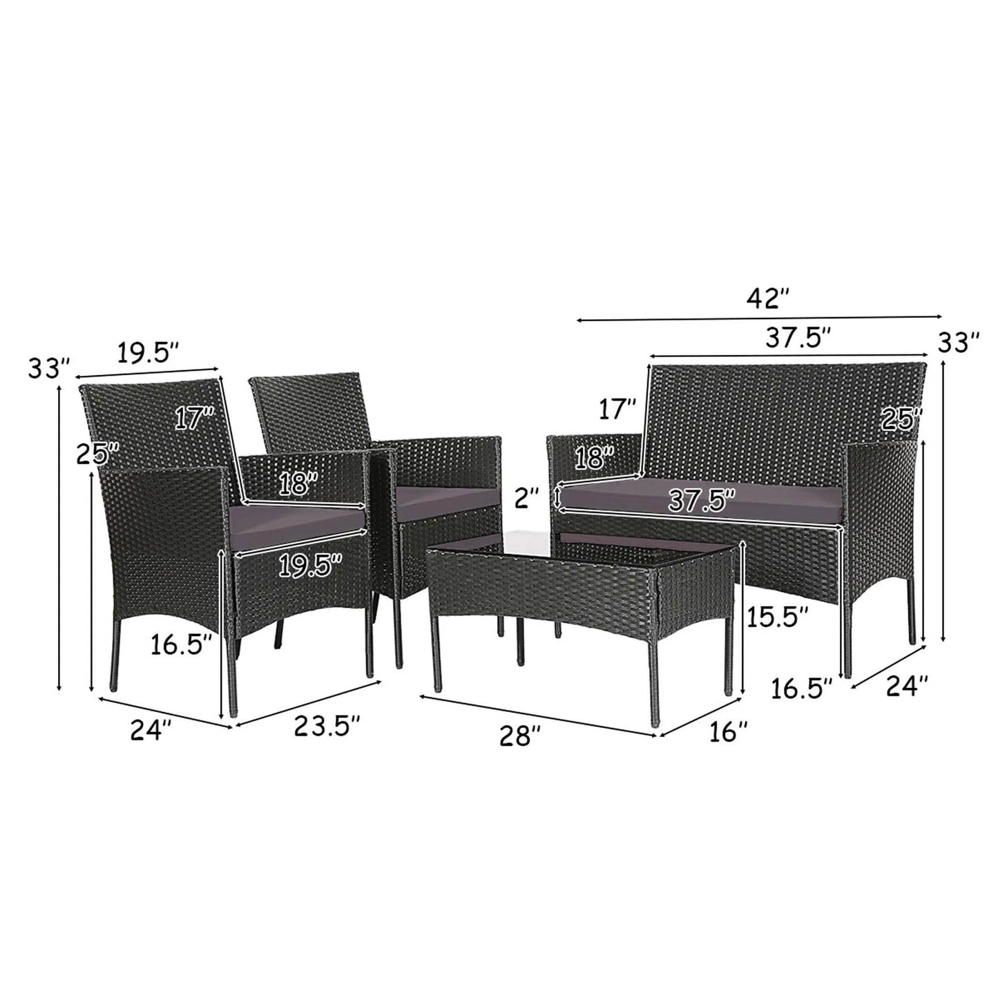 4PCS Patio Rattan Furniture Set Cushioned Sofa Coffee Table Backyard Grey - Loft&Timber