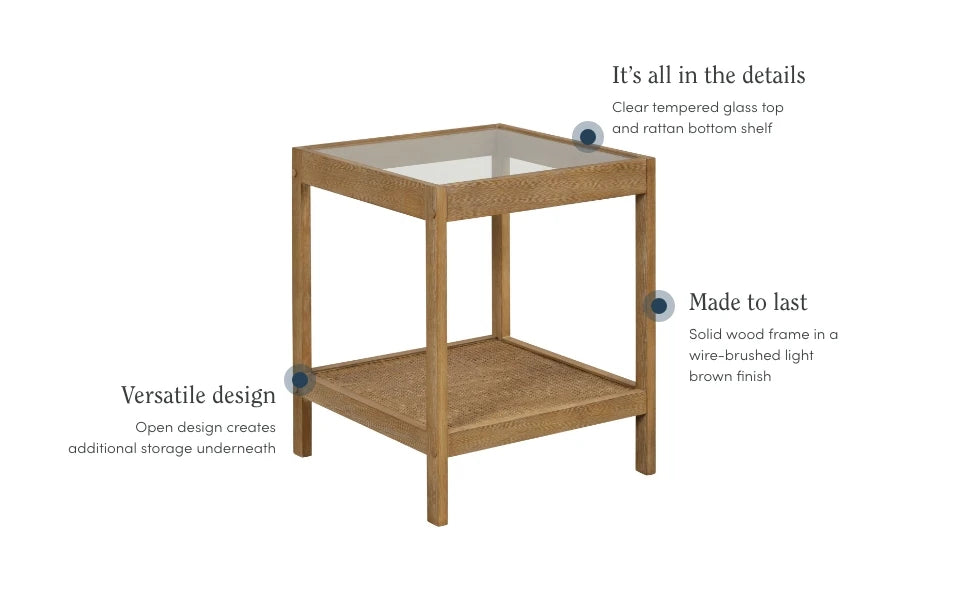 (UUX)Hayes Solid Nightstand, Bedside, End or Side Table in Light Brown Wood Finish & Glass Top with Open Storage Shelf, UQ