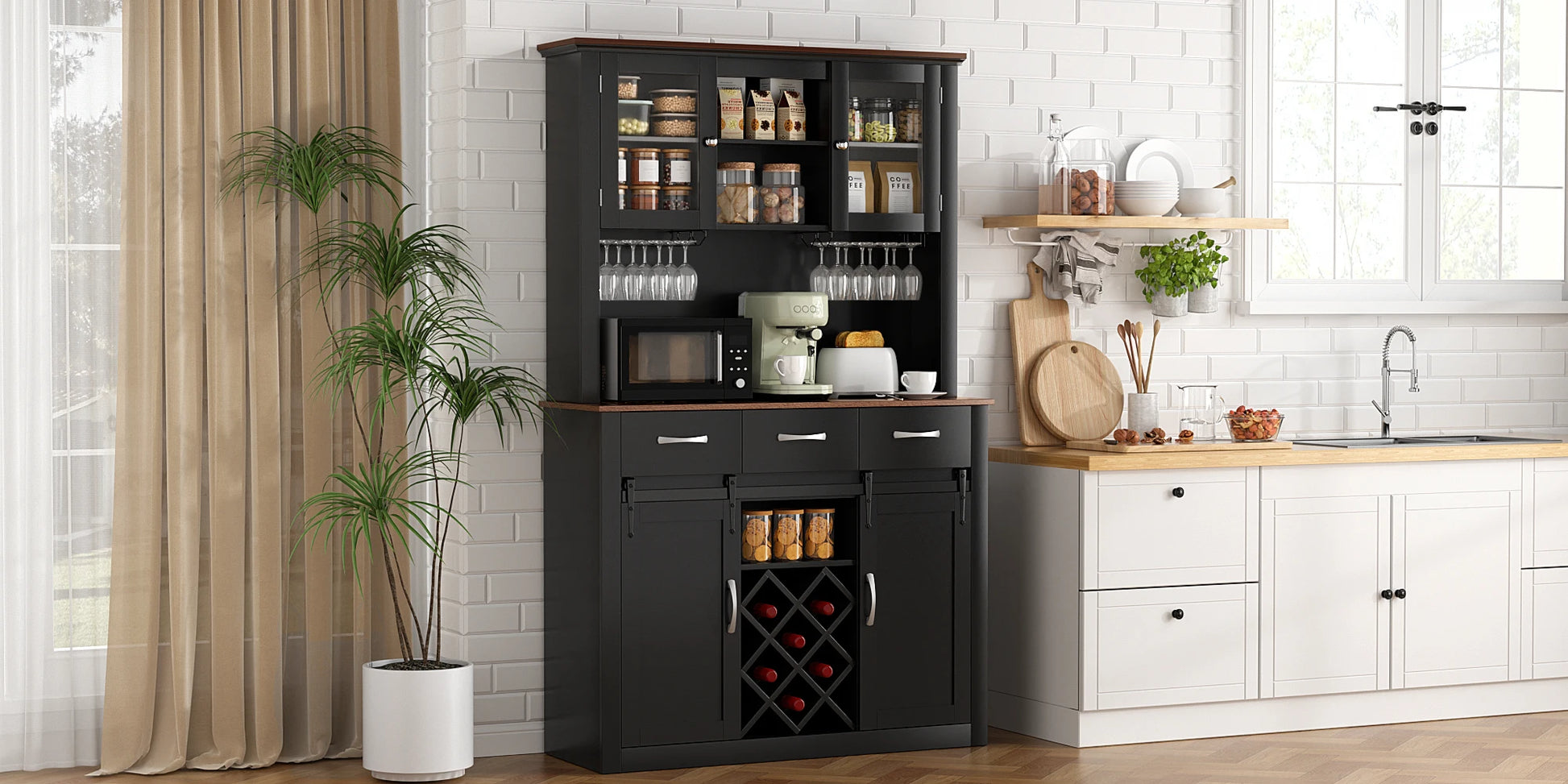 VOWNER 72" Tall Farmhouse Bar Cabinet with Sliding Barn Doors, Kitchen Pantry Storage Cabinet with Wine & Glass Racks - Loft&Timber