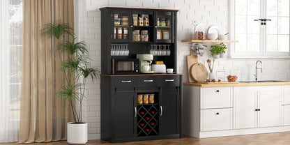 VOWNER 72" Tall Farmhouse Bar Cabinet with Sliding Barn Doors, Kitchen Pantry Storage Cabinet with Wine & Glass Racks - Loft&Timber
